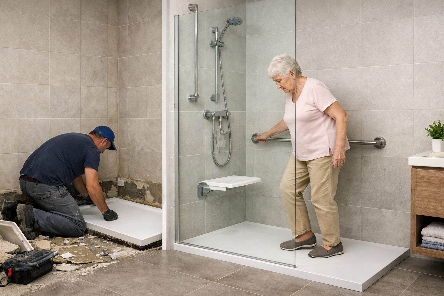 Señora mayor en ducha adaptada y un señor instalando